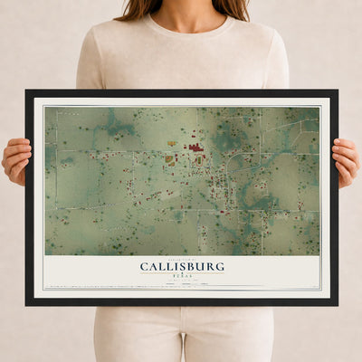 Map of Callisburg, Texas, 12 x 18 inch print in a black wood frame