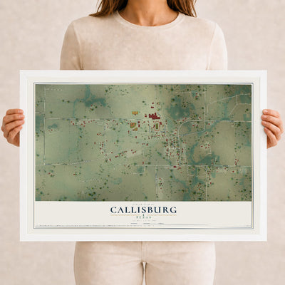 Map of Callisburg, Texas, 12 x 18 inch print in a white wood frame