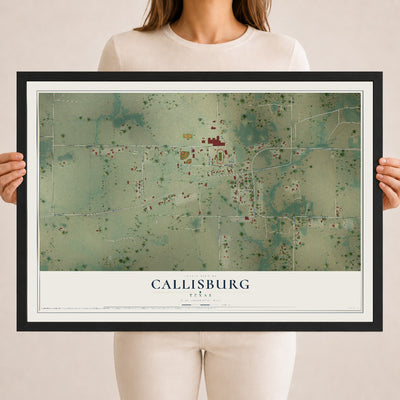 Map of Callisburg, Texas, 18 x 24 inch print in a black wood frame
