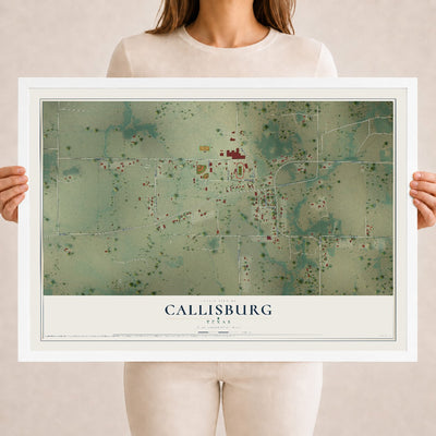 Map of Callisburg, Texas, 18 x 24 inch print in a white wood frame