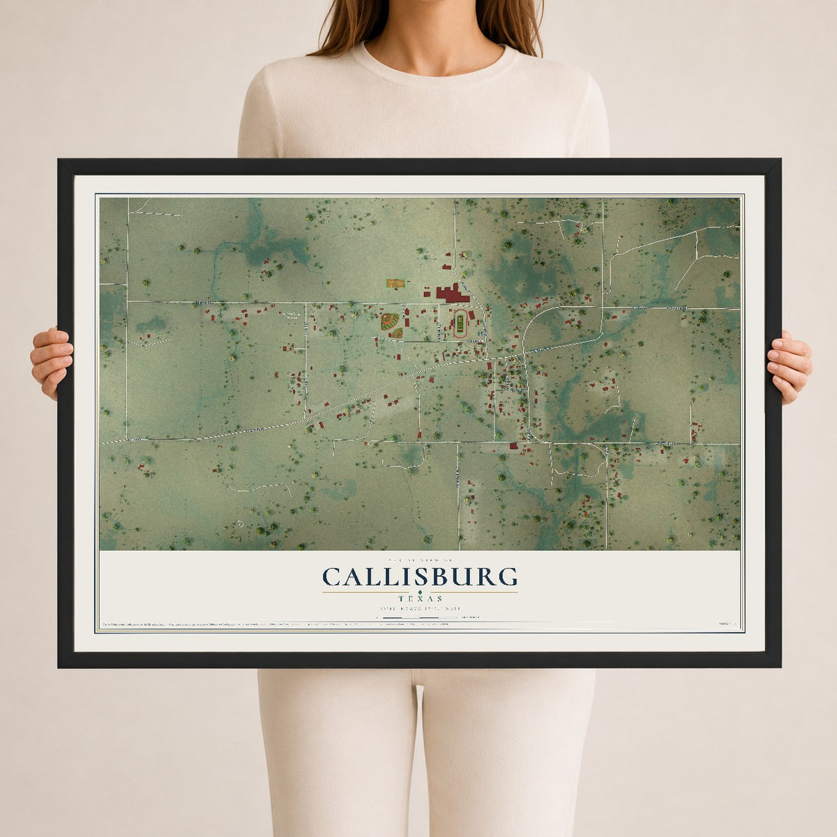 Map of Callisburg, Texas, 24 x 36 inch print in a black wood frame