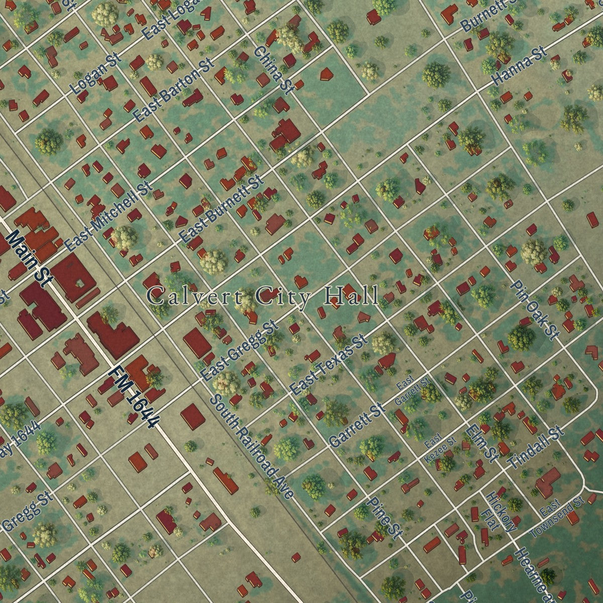 Close-up of the map of Calvert, Texas print showing street and building detail