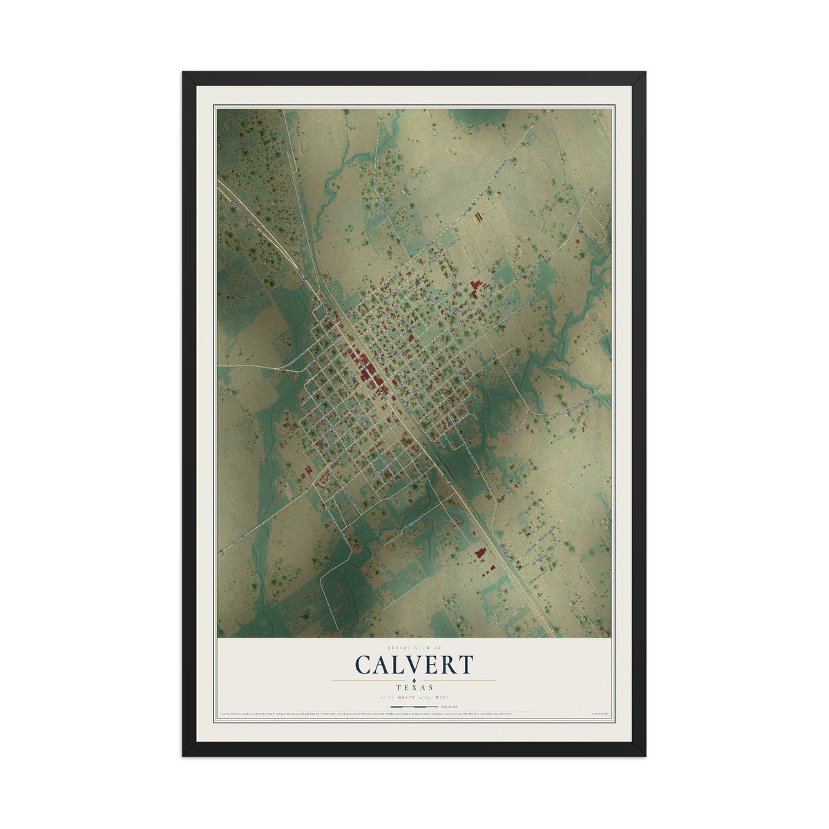 Map of Calvert, Texas, 12 x 18 inch print in a black wood frame