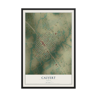 Map of Calvert, Texas, 12 x 18 inch print in a black wood frame