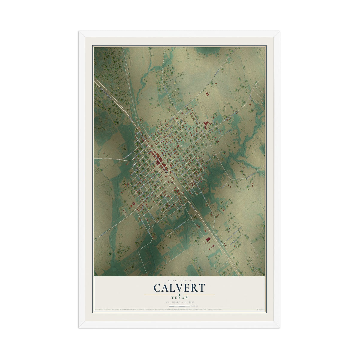 Map of Calvert, Texas, 12 x 18 inch print in a white wood frame
