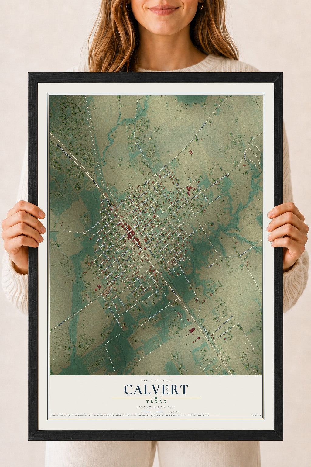 Map of Calvert, Texas, 18 x 24 inch print in a black wood frame