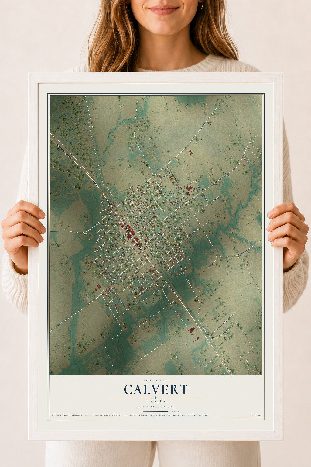 Map of Calvert, Texas, 18 x 24 inch print in a white wood frame