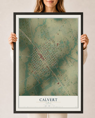 Map of Calvert, Texas, 24 x 36 inch print in a black wood frame