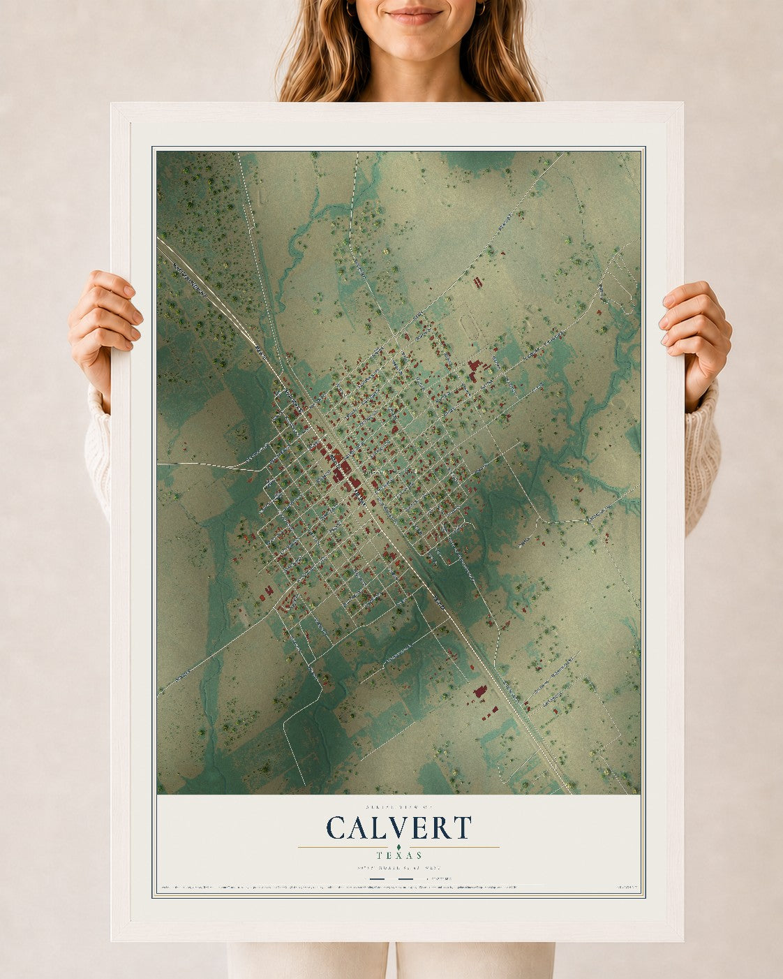 Map of Calvert, Texas, 24 x 36 inch print in a white wood frame
