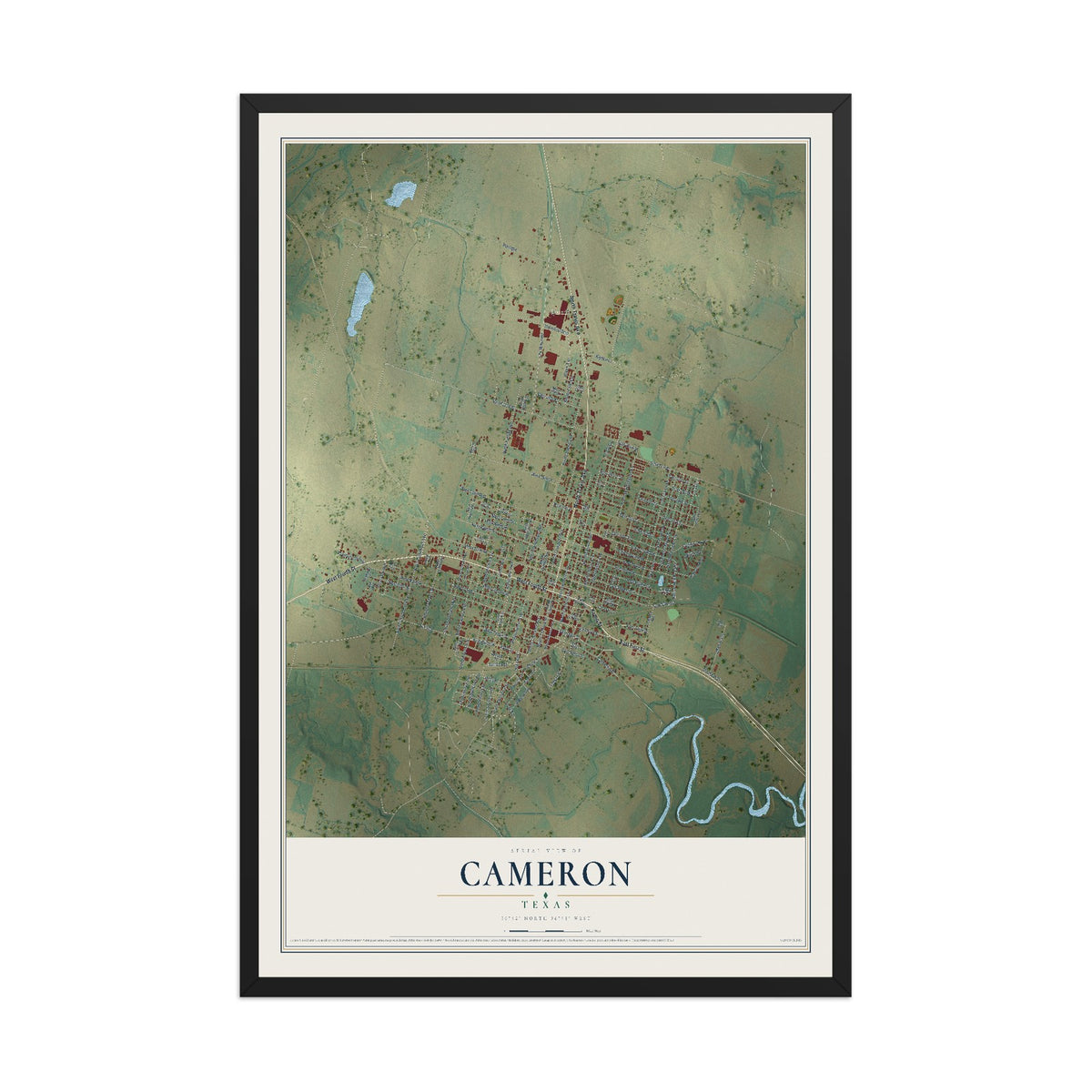 Map of Cameron, Texas, 12 x 18 inch print in a black wood frame