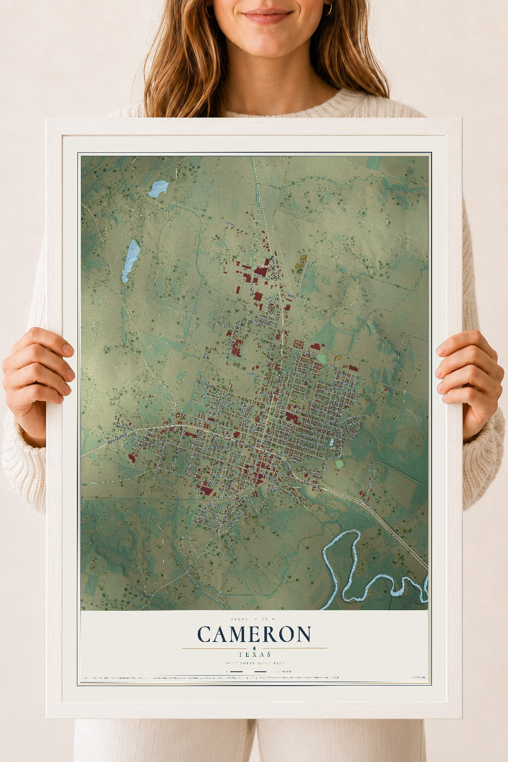 Map of Cameron, Texas, 18 x 24 inch print in a white wood frame