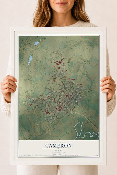 Map of Cameron, Texas, 18 x 24 inch print in a white wood frame