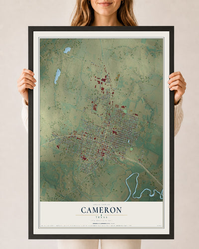 Map of Cameron, Texas, 24 x 36 inch print in a black wood frame