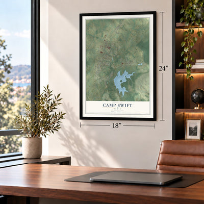 Camp Swift, Texas map, 18 x 24 inch print in a black frame in a home office