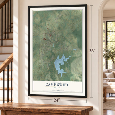 Camp Swift, Texas map, 24 x 36 inch print in a black frame by a staircase