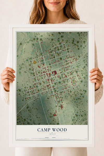 Map of Camp Wood, Texas, 18 x 24 inch print in a white wood frame