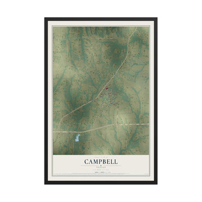Map of Campbell, Texas, 12 x 18 inch print in a black wood frame