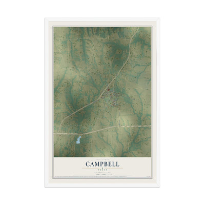 Map of Campbell, Texas, 12 x 18 inch print in a white wood frame
