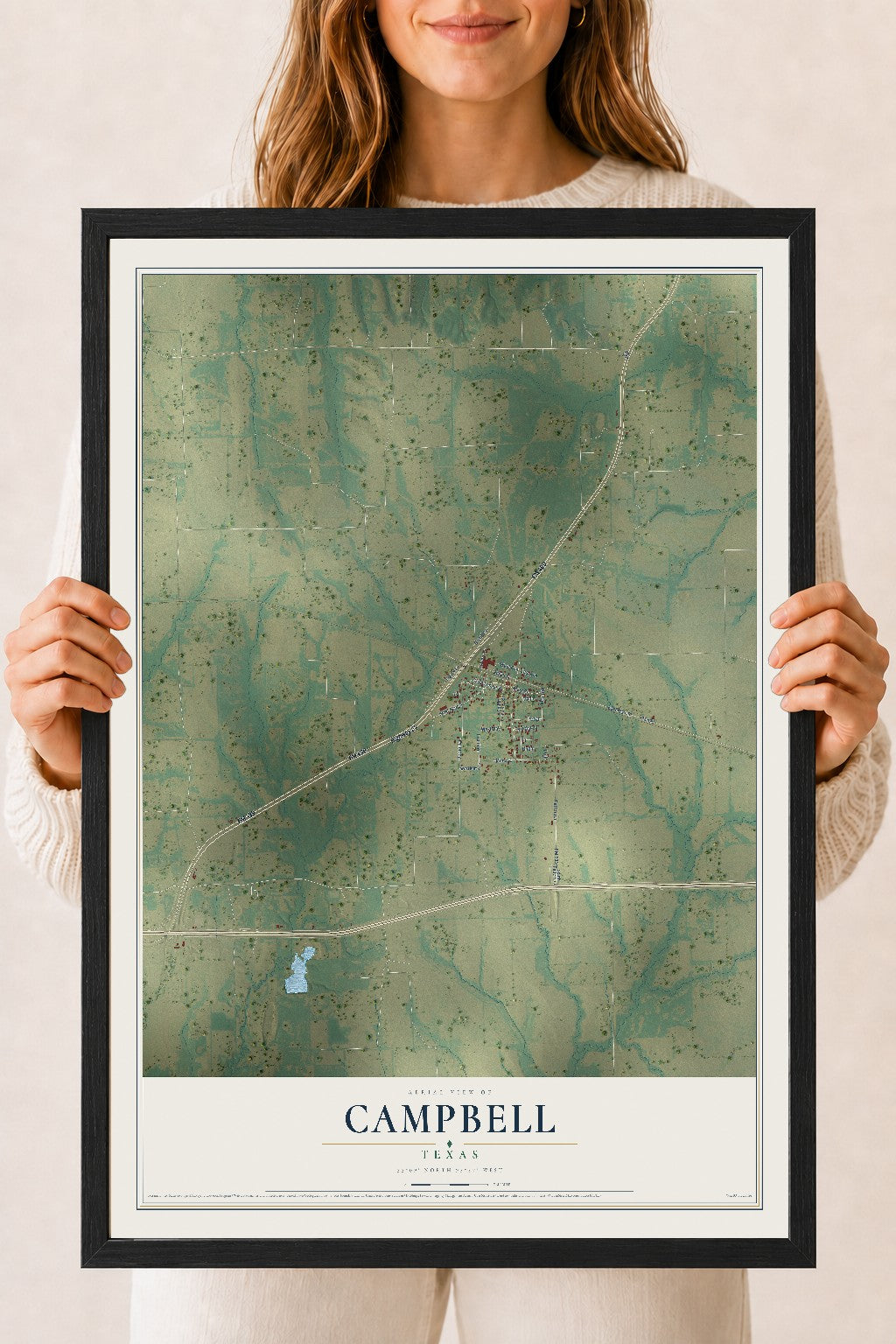 Map of Campbell, Texas, 18 x 24 inch print in a black wood frame