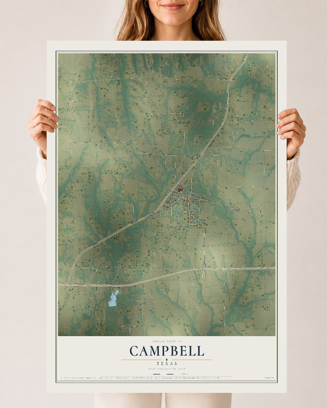 Map of Campbell, Texas, 24 x 36 inch unframed archival matte print