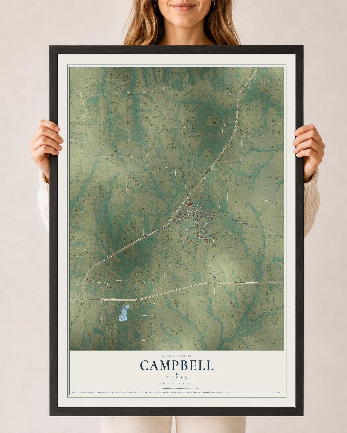 Map of Campbell, Texas, 24 x 36 inch print in a black wood frame