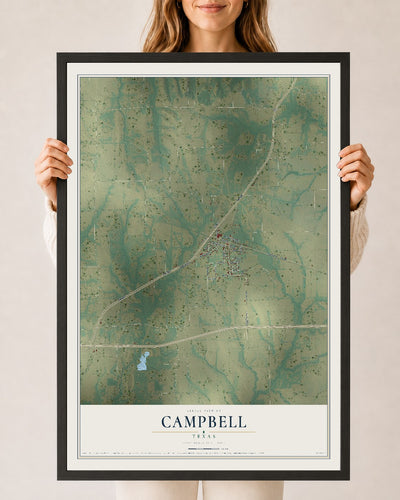 Map of Campbell, Texas, 24 x 36 inch print in a black wood frame