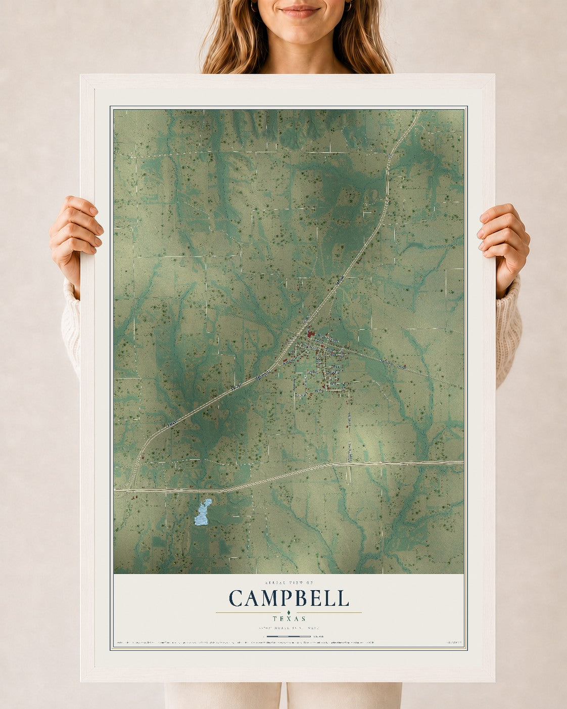 Map of Campbell, Texas, 24 x 36 inch print in a white wood frame