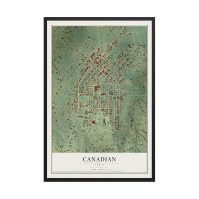 Map of Canadian, Texas, 12 x 18 inch print in a black wood frame