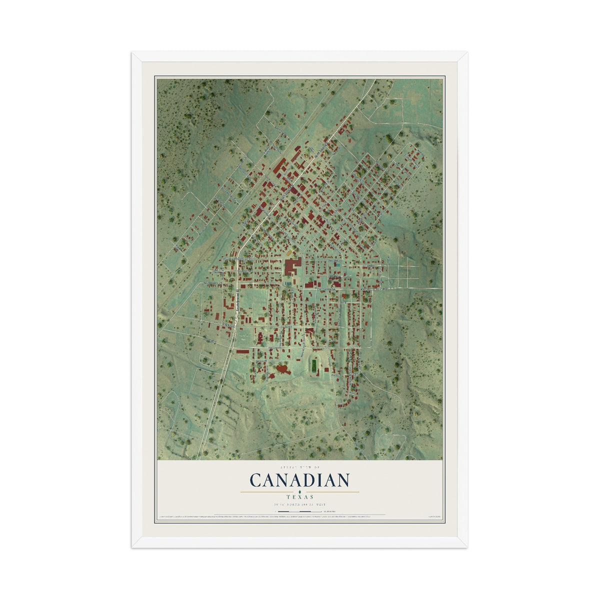 Map of Canadian, Texas, 12 x 18 inch print in a white wood frame