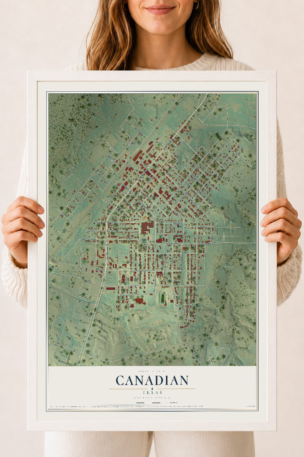 Map of Canadian, Texas, 18 x 24 inch print in a white wood frame