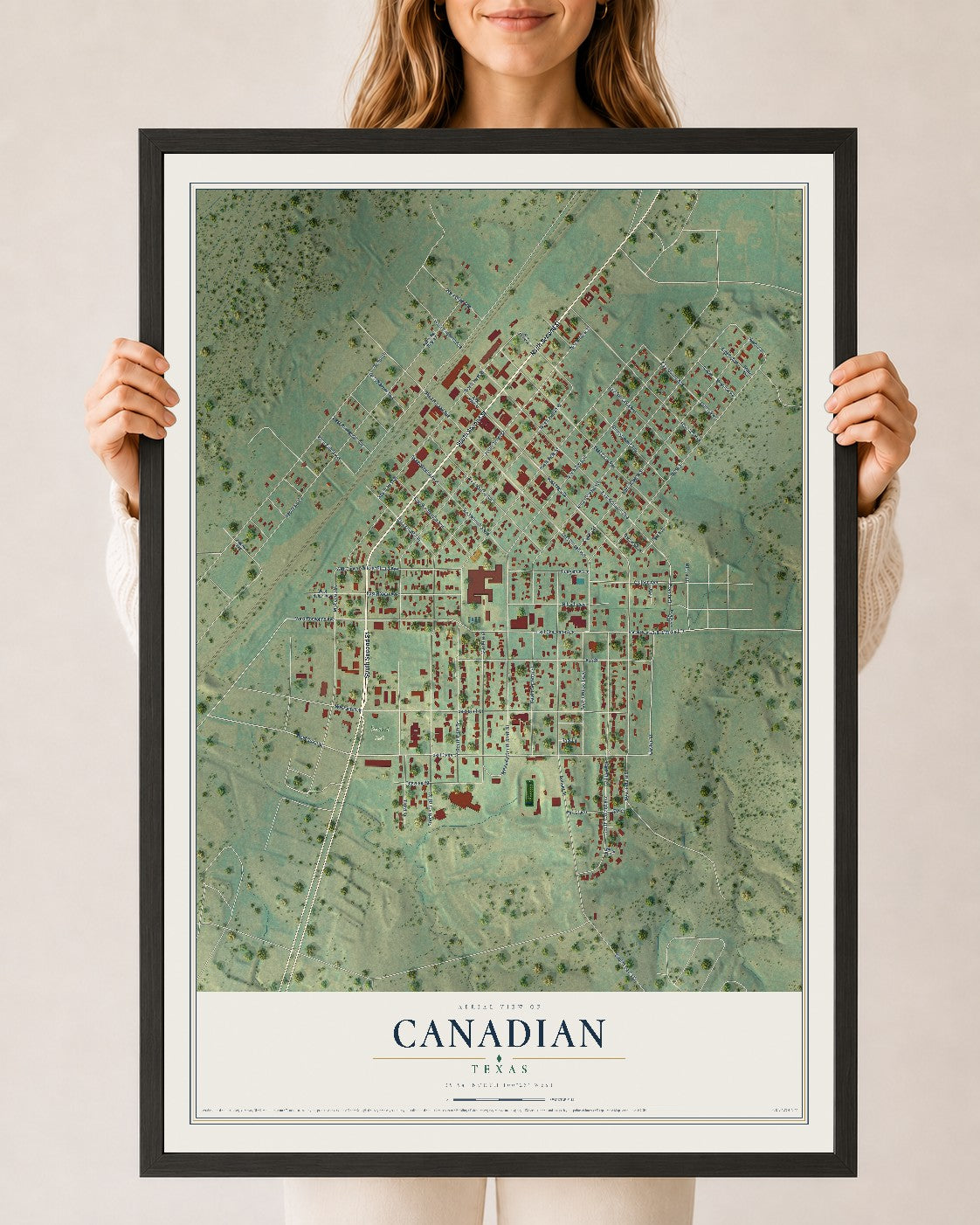 Map of Canadian, Texas, 24 x 36 inch print in a black wood frame
