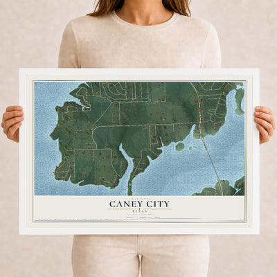 Map of Caney City, Texas, 12 x 18 inch print in a white wood frame