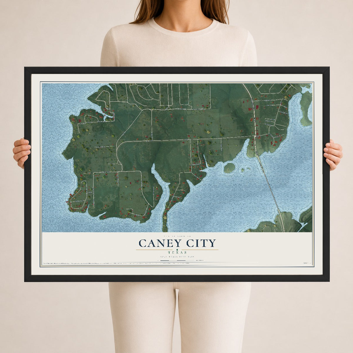Map of Caney City, Texas, 24 x 36 inch print in a black wood frame