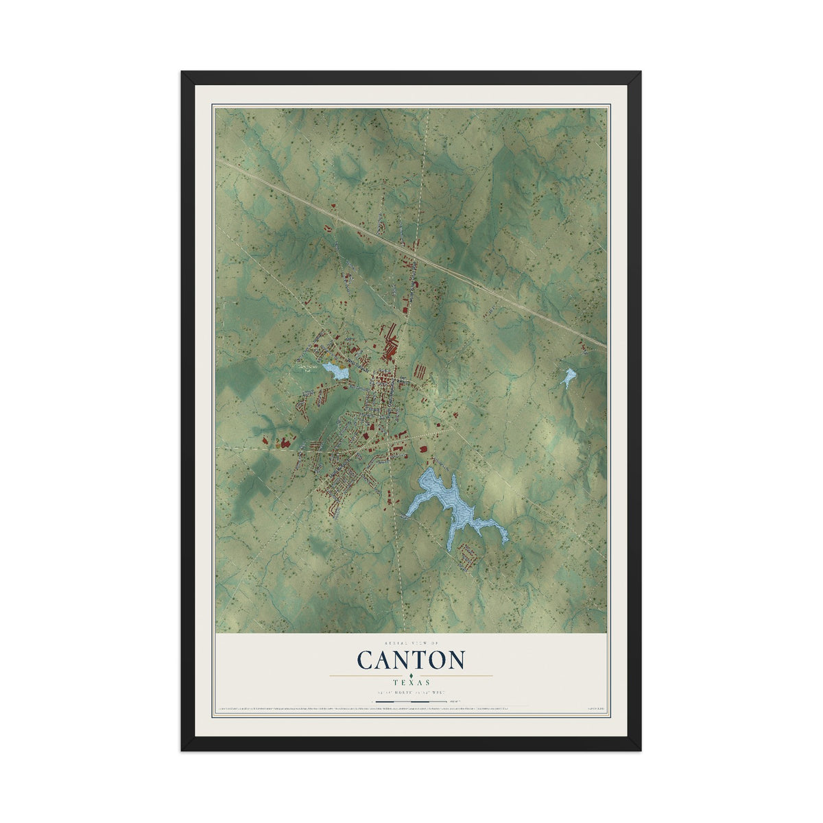Map of Canton, Texas, 12 x 18 inch print in a black wood frame