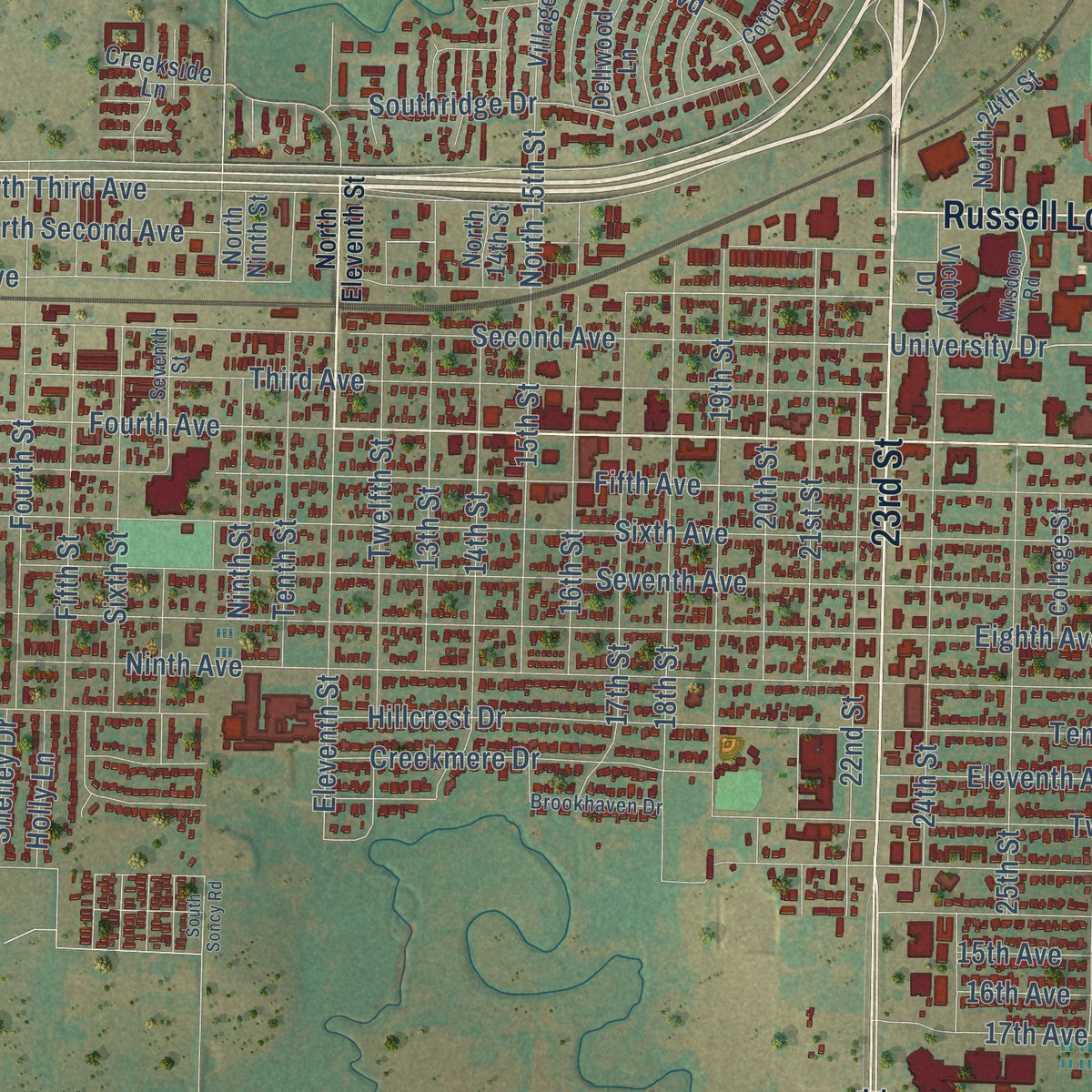 Close-up of the map of Canyon, Texas print showing street and building detail