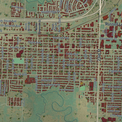 Close-up of the map of Canyon, Texas print showing street and building detail