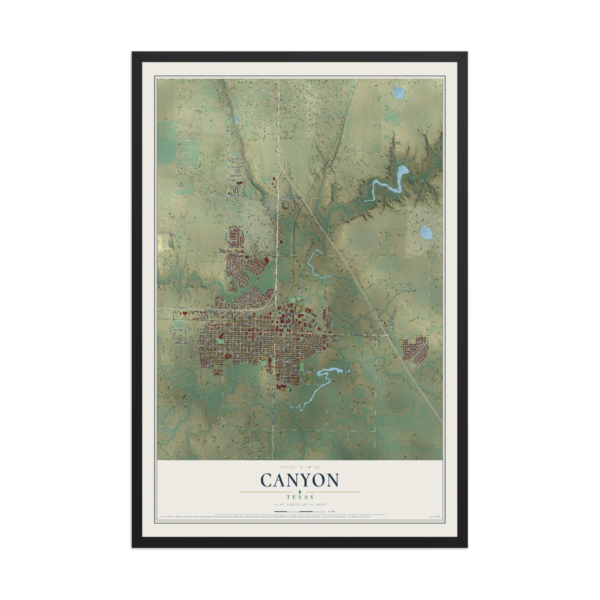 Map of Canyon, Texas, 12 x 18 inch print in a black wood frame