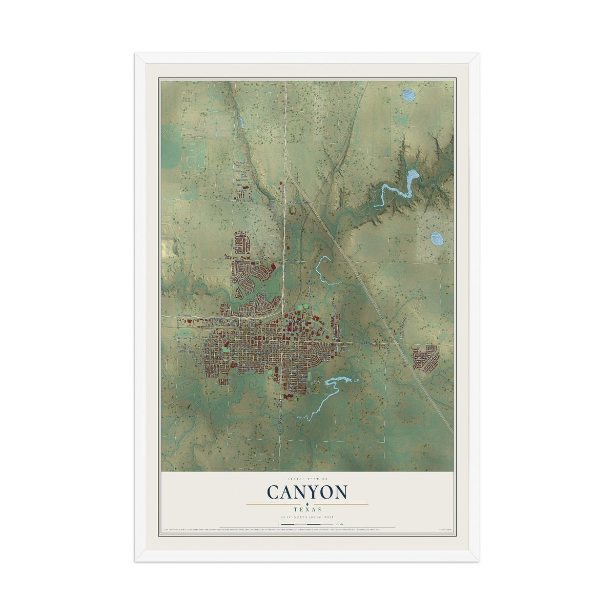 Map of Canyon, Texas, 12 x 18 inch print in a white wood frame