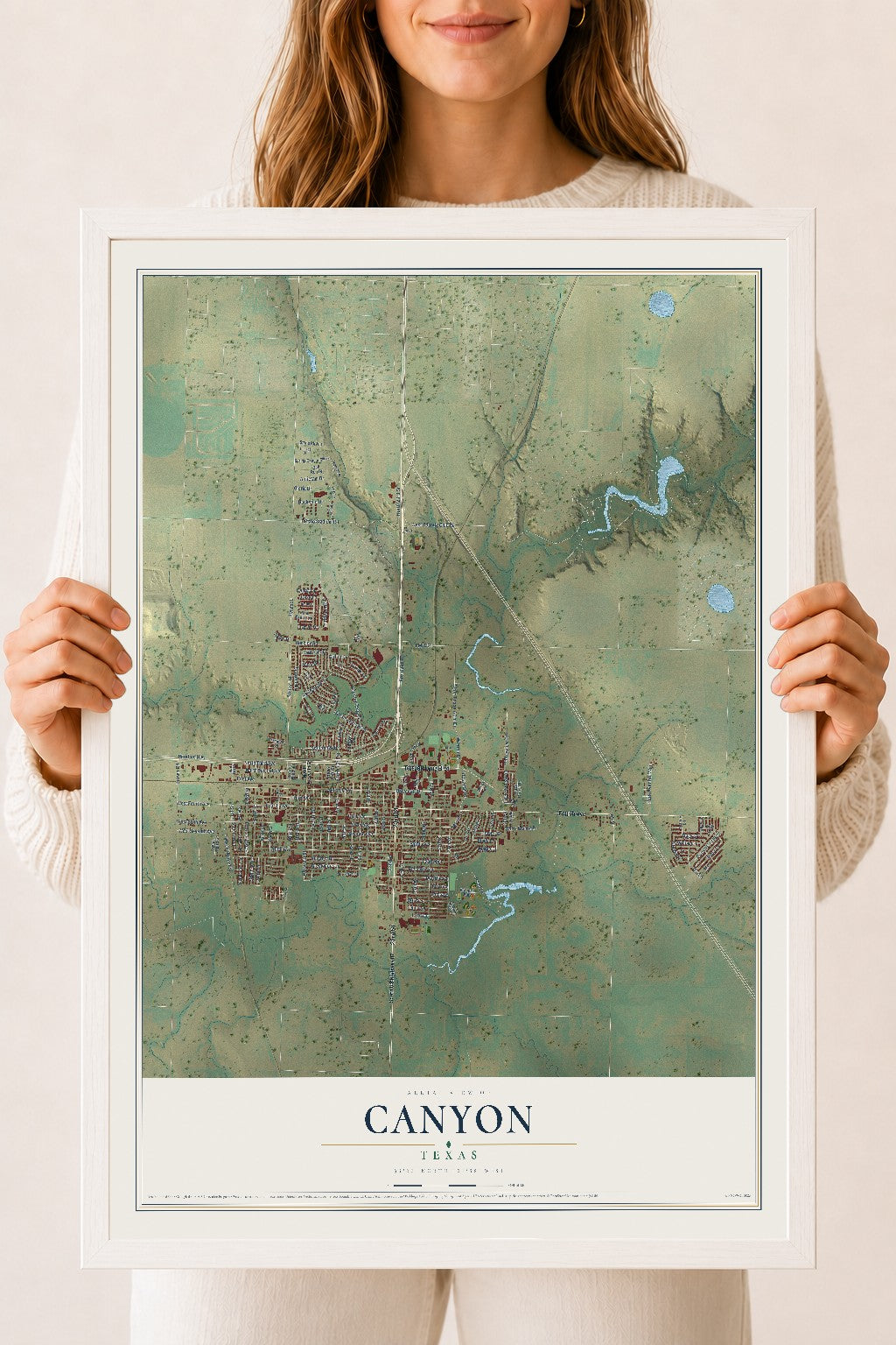Map of Canyon, Texas, 18 x 24 inch print in a white wood frame