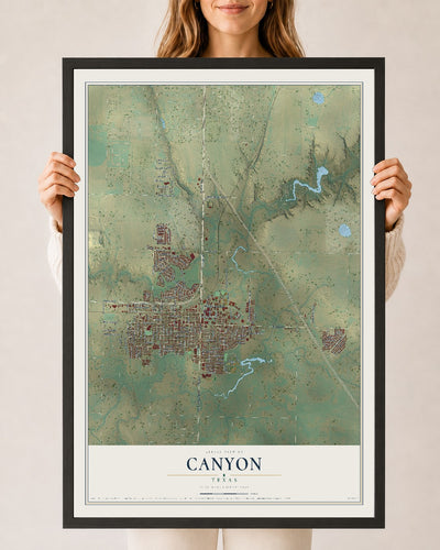 Map of Canyon, Texas, 24 x 36 inch print in a black wood frame