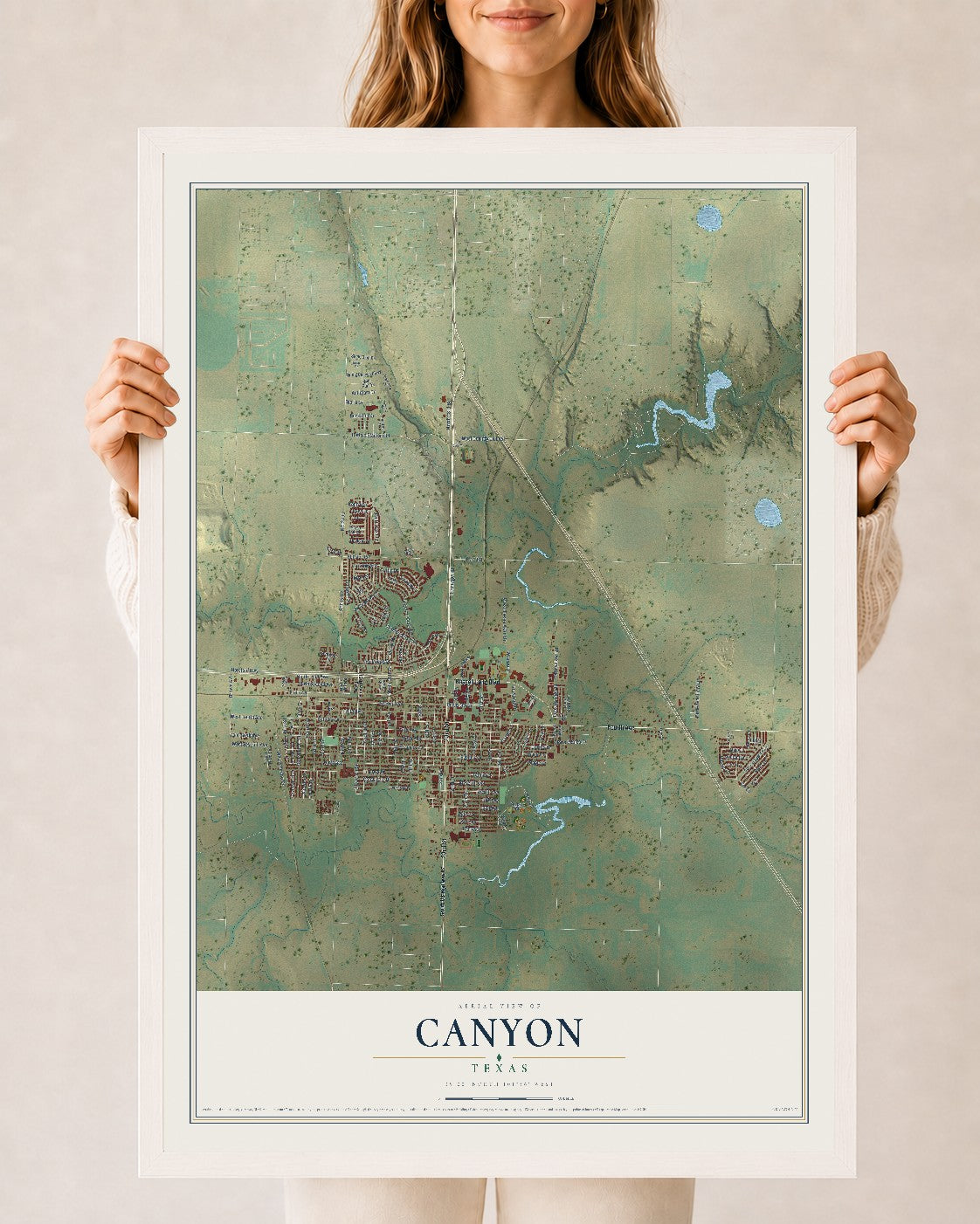 Map of Canyon, Texas, 24 x 36 inch print in a white wood frame