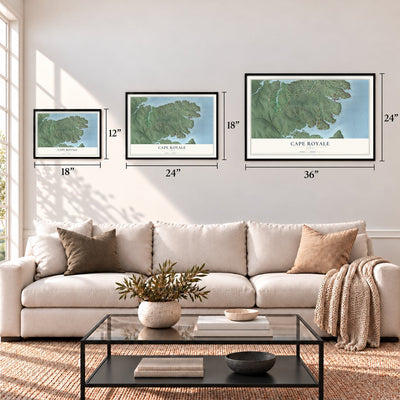 Cape Royale, Texas map in 12 x 18, 18 x 24 and 24 x 36 inch sizes above a sofa