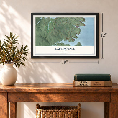 Cape Royale, Texas map, 12 x 18 inch print in a black frame in an entryway