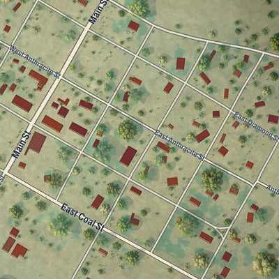 Close-up of the map of Carbon, Texas print showing street and building detail