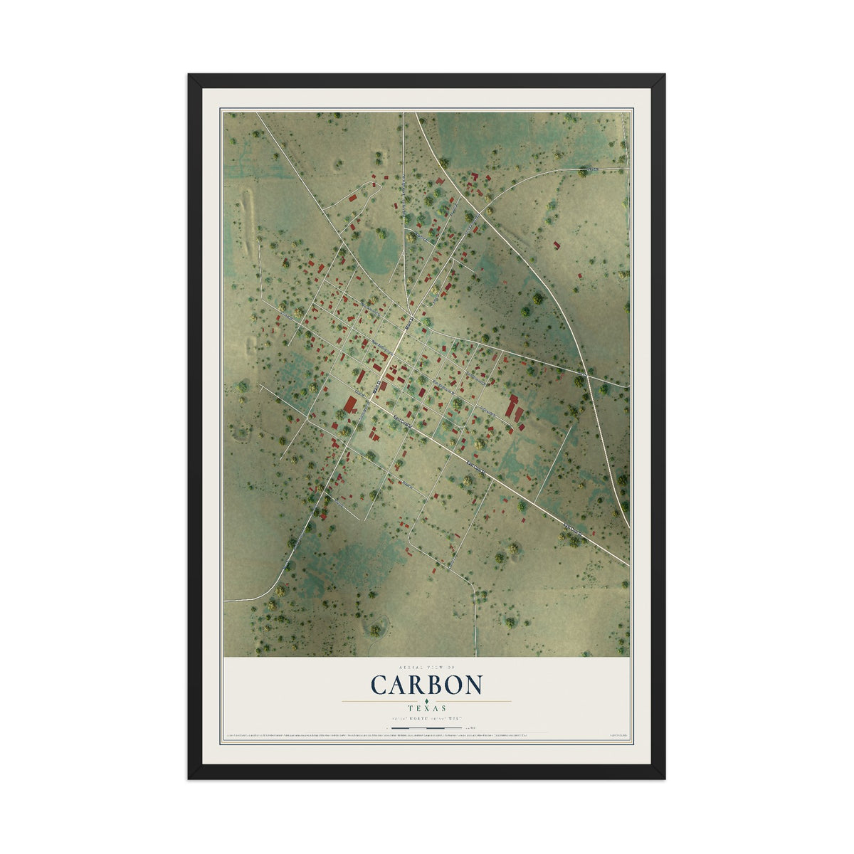 Map of Carbon, Texas, 12 x 18 inch print in a black wood frame