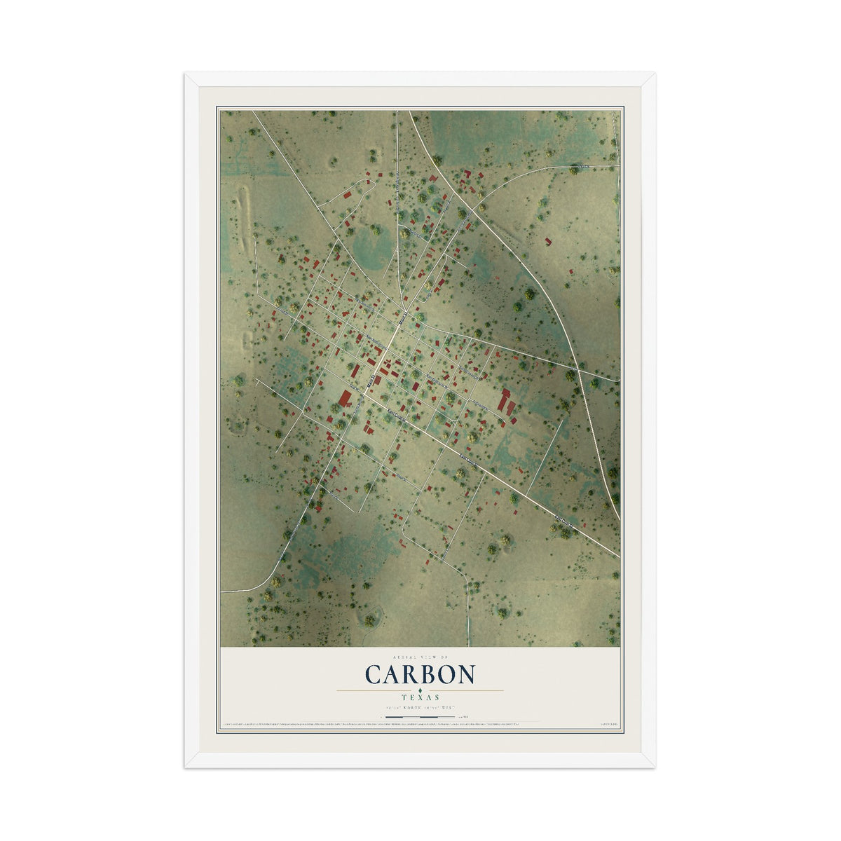 Map of Carbon, Texas, 12 x 18 inch print in a white wood frame