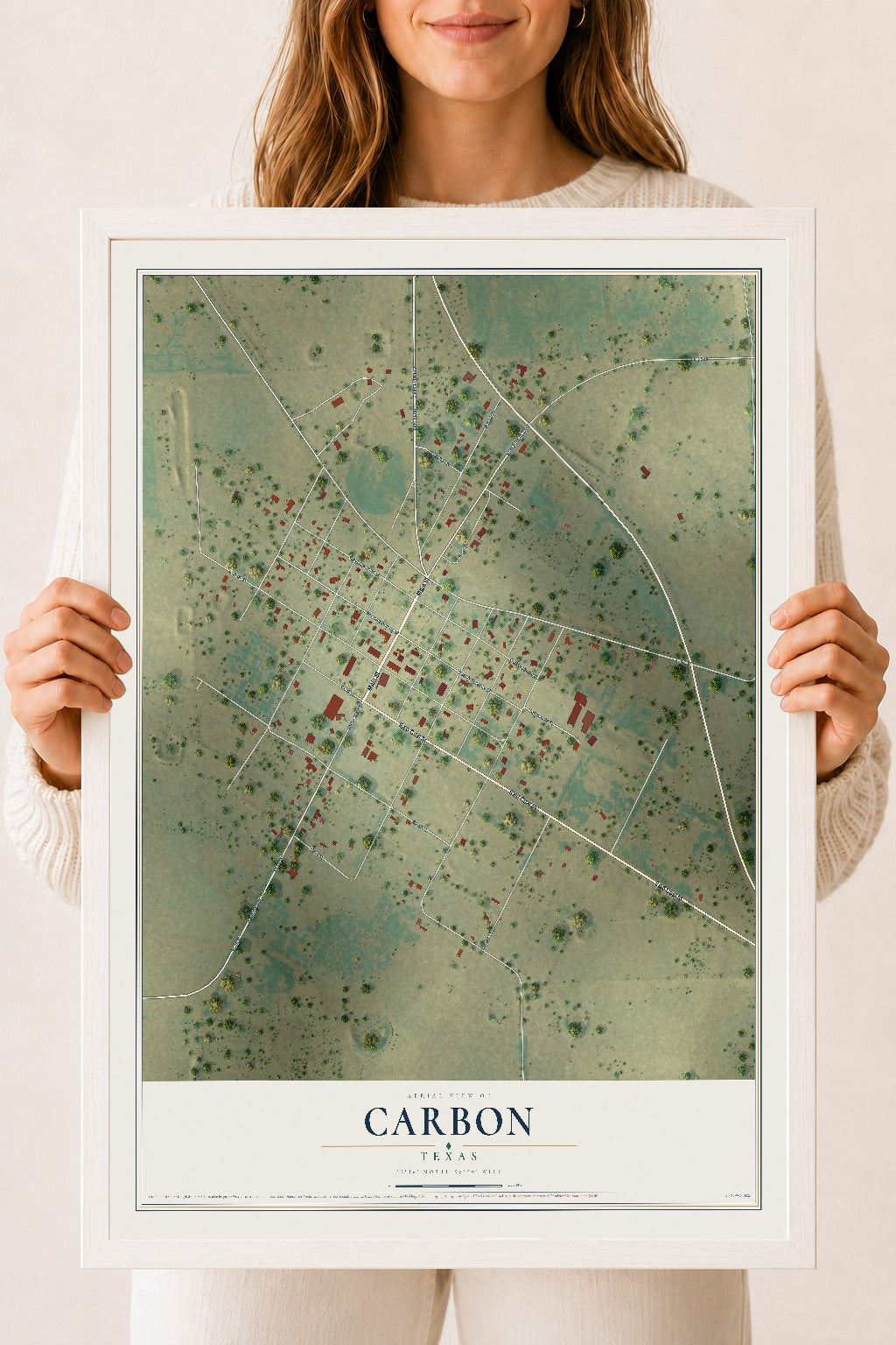 Map of Carbon, Texas, 18 x 24 inch print in a white wood frame