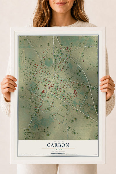 Map of Carbon, Texas, 18 x 24 inch print in a white wood frame