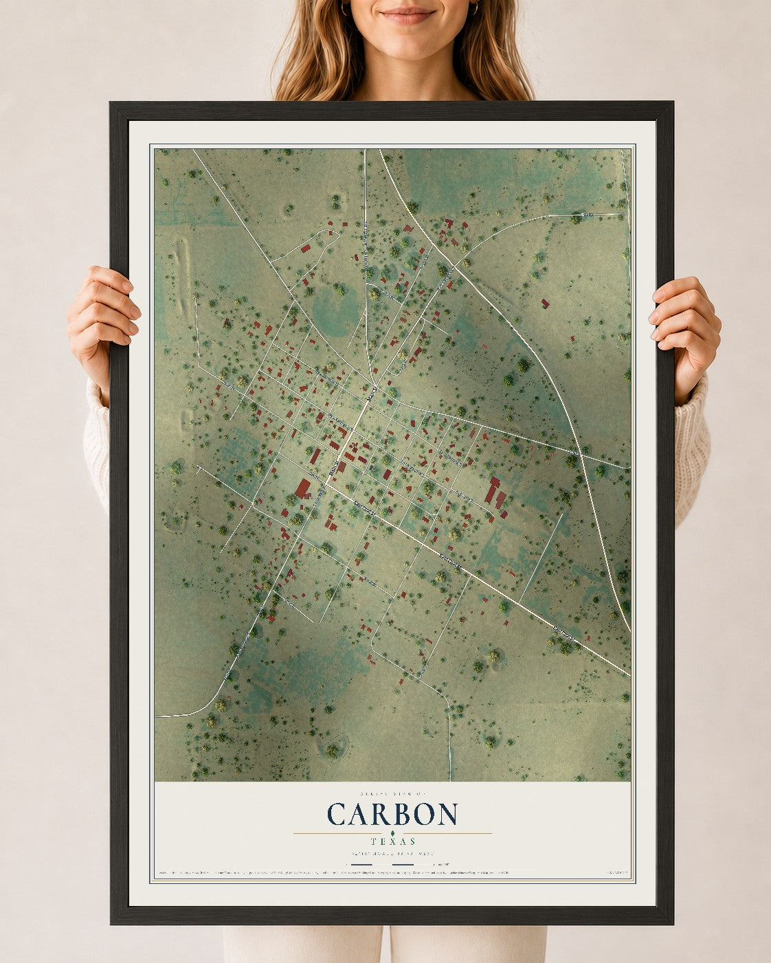 Map of Carbon, Texas, 24 x 36 inch print in a black wood frame