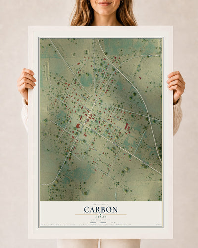 Map of Carbon, Texas, 24 x 36 inch print in a white wood frame